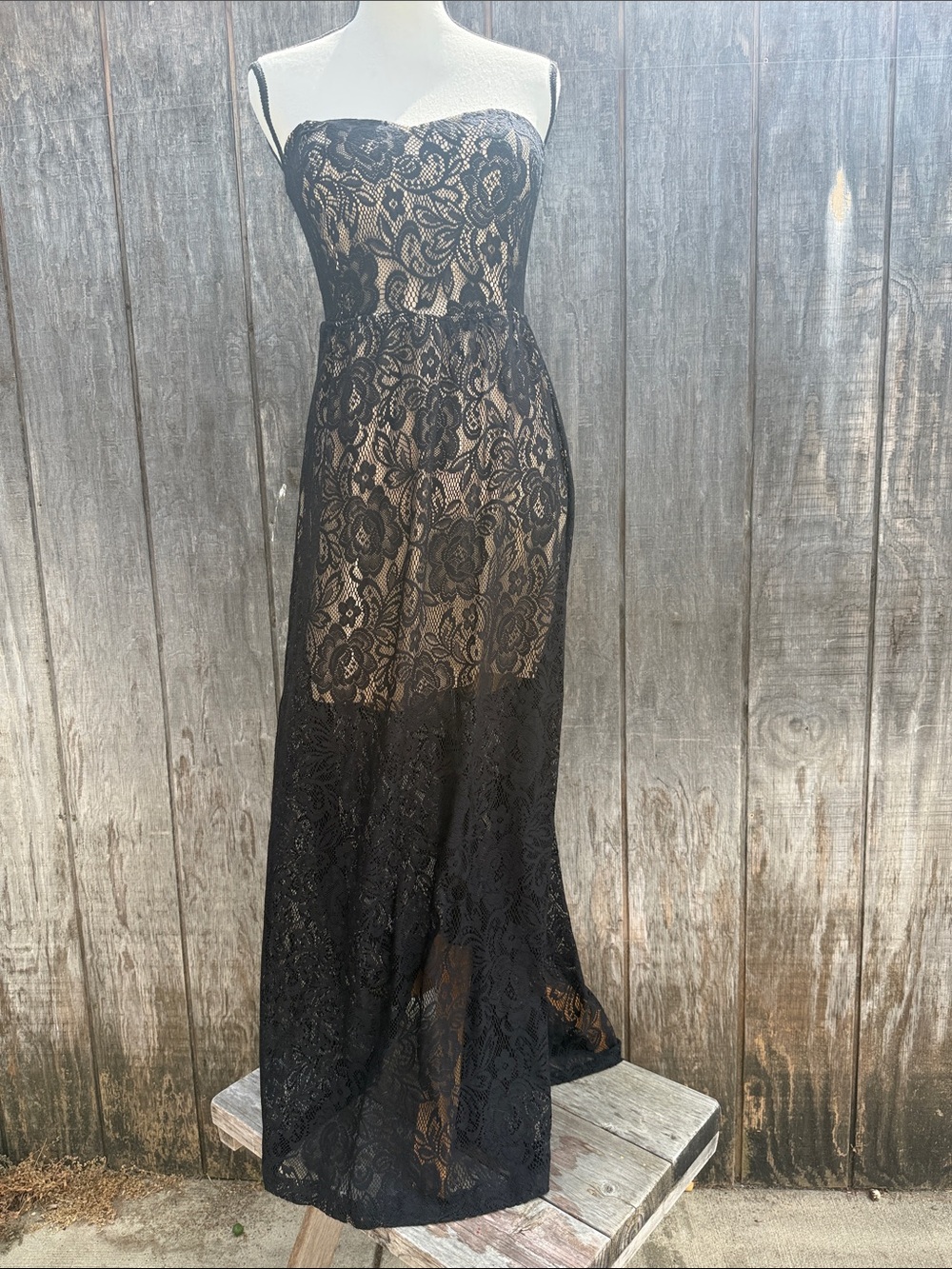 EUC Papaya Elegant Intricate Black Floral Lace Strapless Maxi Dress Size Large